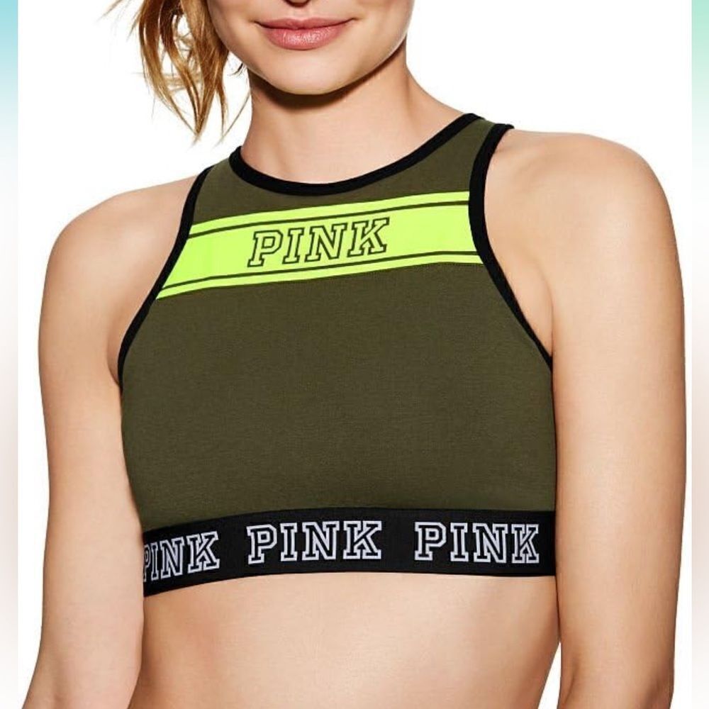PINK Victoria’s Secret Olive Green Logo Reverse Racerback Bra Top